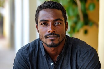 Fototapeta premium A close-up portrait of a man with a confident expression, set against a blurred background.