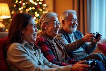 Obraz premium Family Bonding through Gaming: Holiday Joy and Togetherness Captured in a Cozy Living Room Setting with Controllers in Hand