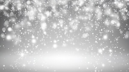 Fototapeta premium Winter background with the image of falling snow, stars and bokeh lights, white and gray colors, shiny glittery texture, blurred background