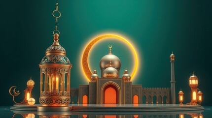 Obraz premium Ramadan Kareem. Ornamental Arabic lantern, metal moon, and mosque portal. Luxurious, vibrant, advanced technology and space elements are incorpora