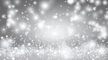 Fototapeta premium Winter background with the image of falling snow, stars and bokeh lights, white and gray colors, shiny glittery texture, blurred background