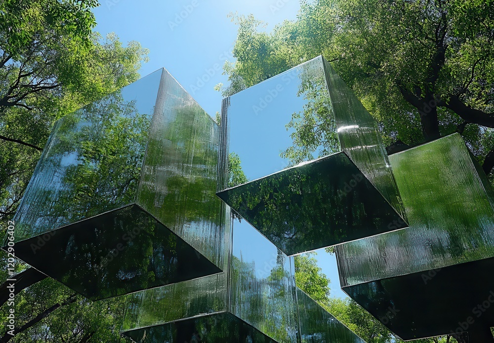Poster reflections of nature in modern architecture showcasing transparent cubes amidst lush green trees in