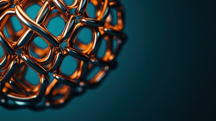 Complexity geometry and detailed, A close-up of an intricate, metallic sphere with a woven pattern, set against a deep teal background, showcasing a blend of texture and color.
