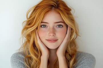 Naklejka premium A young woman with wavy red hair smiles gently, hands on her face, against a light background.
