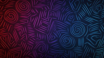 A vibrant abstract pattern featuring swirling lines and geometric shapes in shades of red and blue against a dark background.