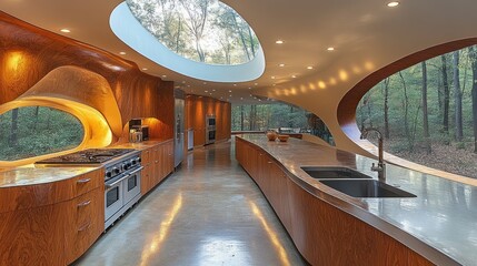 Organic Modernist Kitchen: A Serene Forest Sanctuary