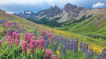 Wildflowers bloom in mountain valley, scenic landscape, summer nature