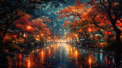 Enchanted Autumn Night: A Rainy Stroll Through Illuminated Streets