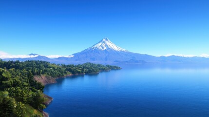 Snow capped volcano by tropical lake
