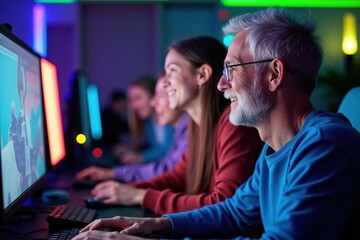 Diverse Group of Professionals Engaged in Collaborative Project at Modern Office Workspace with Colorful Ambient Lighting