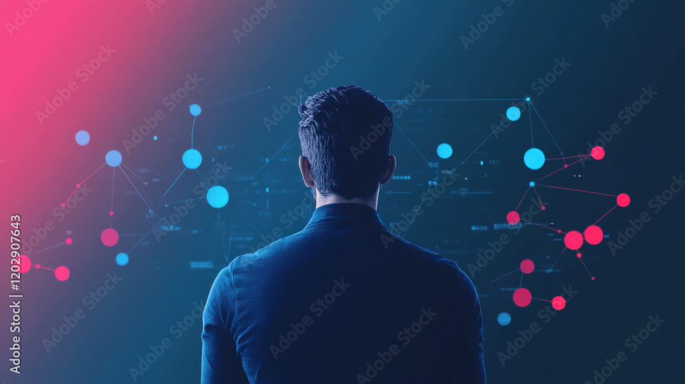 Aufkleber a person gazes at a digital interface filled with colorful data points and connections, symbolizing 