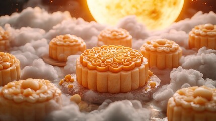 Mooncakes on clouds, under autumn moon. Festive food, Mid-Autumn Festival