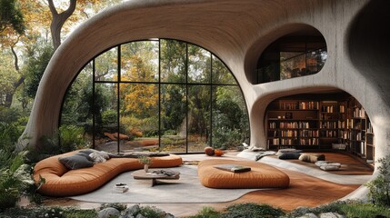 Serene Living Room with Organic Architecture and Autumnal Views