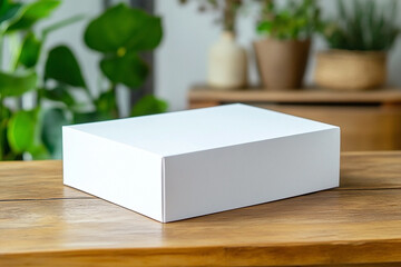 Plain white rectangular box on a wooden surface with blurred plants backdrop
