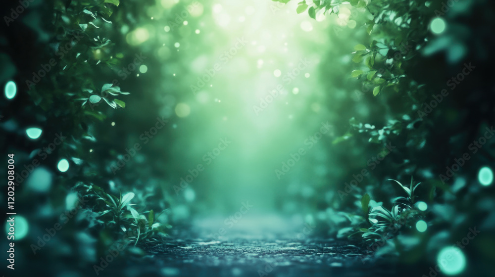 Poster a serene, ethereal forest scene illuminated by soft green light, creating a magical atmosphere with 