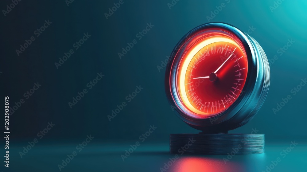 Poster a close-up of a gauge with a glowing red dial, set against a dark background, creating a dramatic an