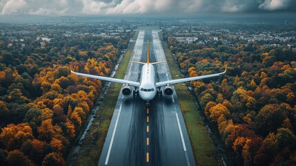 Airplane Taking Off on Autumn Day
