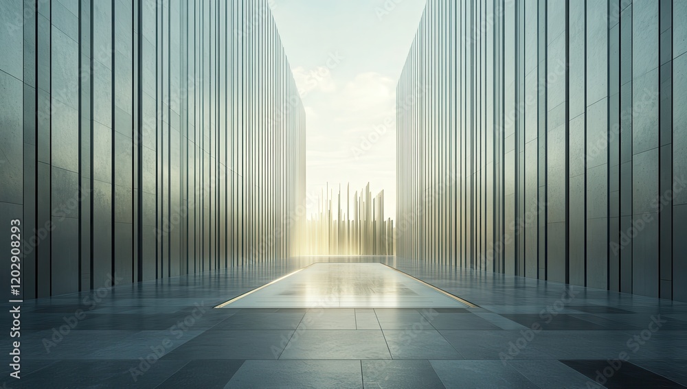 Poster serene modern architecture with reflective surfaces and tranquil water feature in sunrise glow, evok