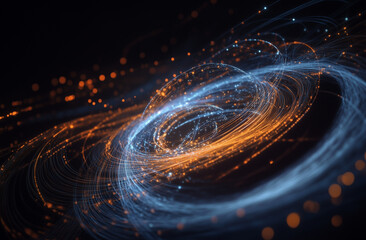 Blue light energy swirls in an abstract background, symbolizing the power of quantum science and advanced technology.