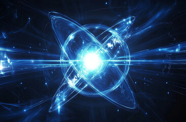 Blue light energy swirls in an abstract background, symbolizing the power of quantum science and advanced technology.