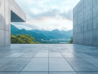 Fototapeta premium Serene Modern Architecture with Expansive View of Mountains and Open Space Under Cloudy Sky, Perfect for Design and Nature Photography