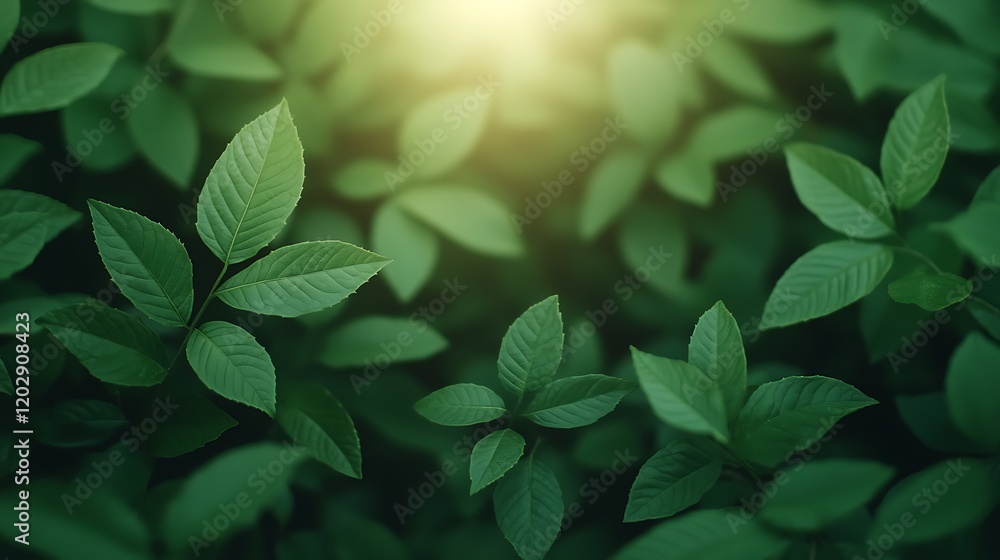 Poster lush green leaves with soft sunlight filtering through, creating a serene and vibrant natural backdr