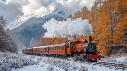 Majestic Steam Train Journey Through a Snowy Autumn Landscape