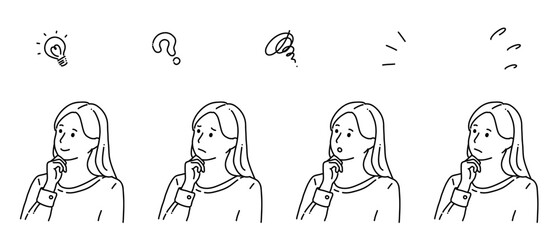 顎に手を当てているいろいろな表情の女性＿線画