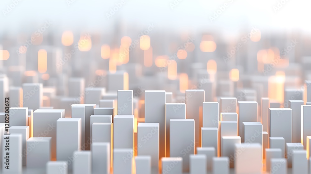 Poster a modern, abstract cityscape featuring numerous white structures illuminated with soft light, creati