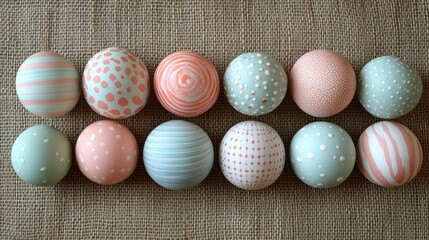 Obraz premium Pastel Easter eggs arranged on burlap; spring holiday decoration