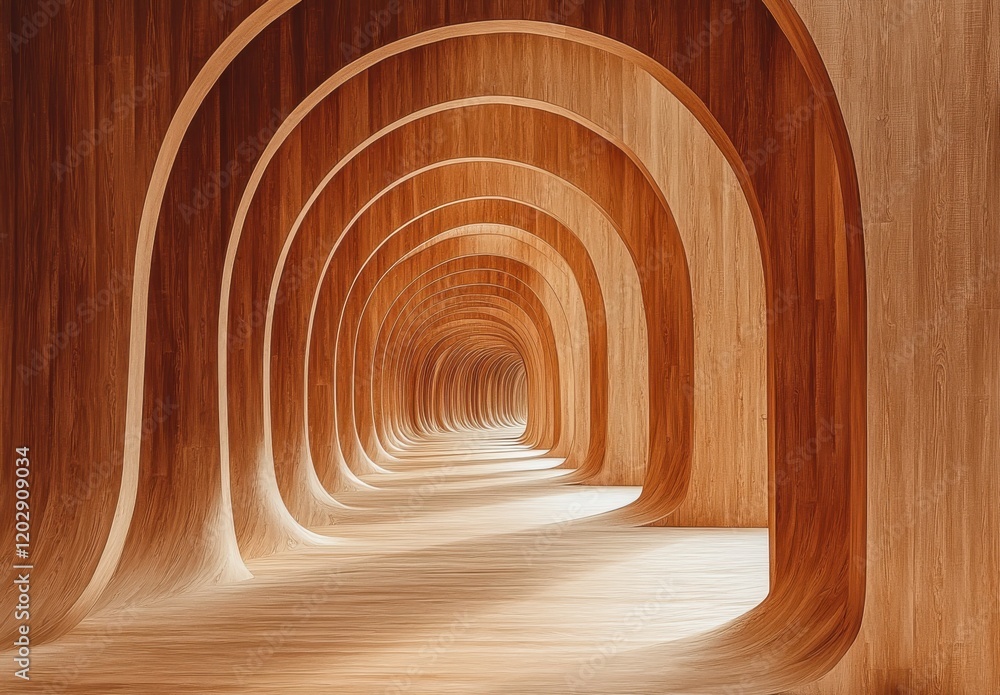 Poster serene perspective of an endless wooden corridor with arched design creating a warm and inviting atm