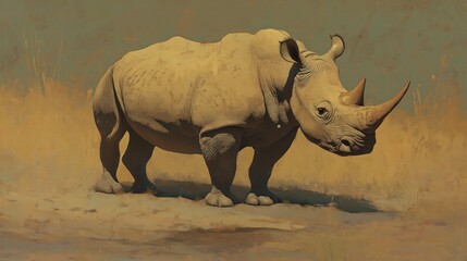 Obraz premium A rhino is standing in a field of dry grass