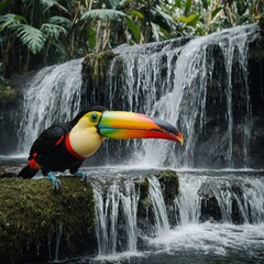 Obraz premium A brightly colored toucan perching next to a waterfall.