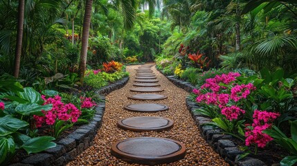 Serene Tropical Garden Path: A Walk Through Lush Greenery
