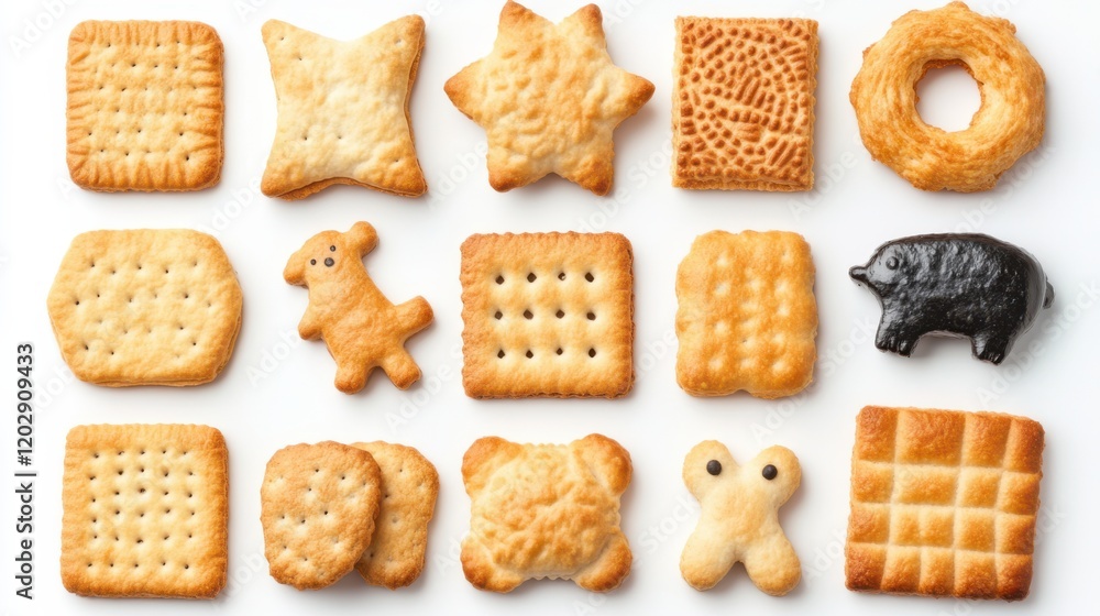 Poster assorted baked snacks arranged on a white background showcasing various shapes and textures
