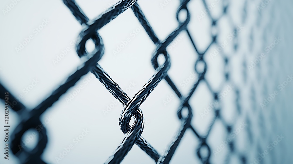 Poster a close-up view of a chain-link fence, showcasing the intricate interweaving of metal links against 