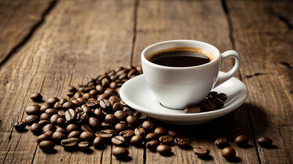 A cup of hot coffee with roasted coffee beans on the side.