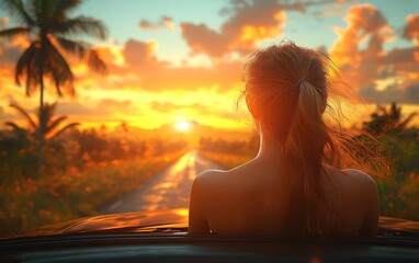 Fototapeta premium Woman Silhouette Sunset Tropical Road Trip Summer Vacation sky car palm warm view beach 