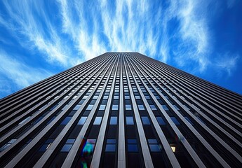 Skyscraper Reaching for the Sky with Striking Clouds in a Blue Background, Iconic Modern Architecture Against a Clear Daytime Skyline
