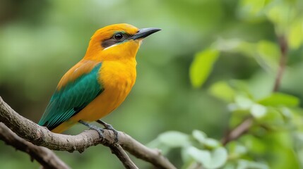 Fototapeta premium A bird with green and yellow feathers is perched on a branch