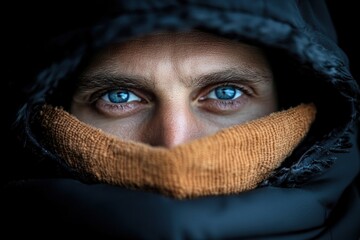 Fototapeta premium Close-up of a person with striking blue eyes, wrapped in a dark hood and orange scarf.