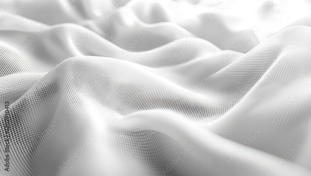 Poster soft and ethereal white mesh fabric flowing in gentle waves, creating a dreamy and serene atmosphere