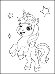 Fototapeta premium Illustration of a cute baby unicorn cartoon character. Black and white Printable Unicorn coloring page for kids.