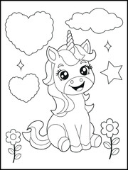 Illustration of a cute baby unicorn cartoon character. Black and white Printable Unicorn coloring page for kids. © laky