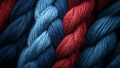 A detailed closeup of red and blue braided yarn, highlighting the interwoven strands and soft, textured appearance, ultrarealistic and intricately woven