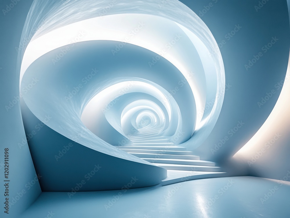 Poster Spiral staircase in a futuristic and abstract space with smooth curves and calming blue light shining from the ceiling creates a captivating journey into a dreamlike environment.