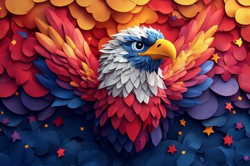 Obraz premium Vibrant Eagle Paper Art Colorful Feathers Design red bird blue bold white stars vivid 