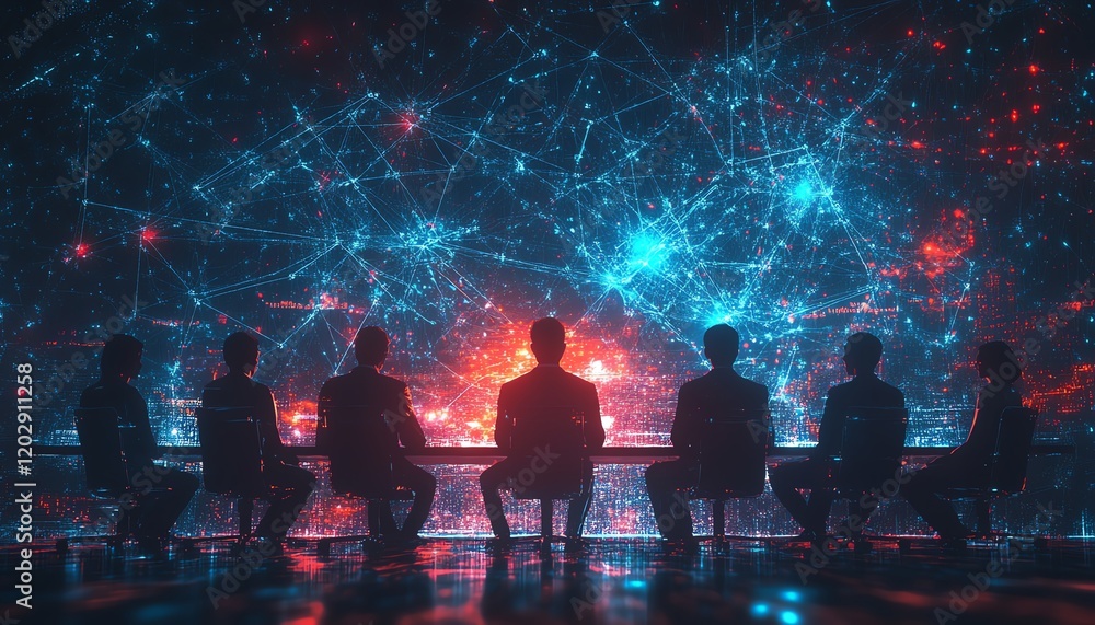 Poster silhouettes of seated individuals with abstract neural connections and human profile outlines, repre