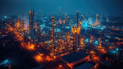 Fototapeta premium Aerial view of an illuminated industrial complex at night, showcasing towering structures and vibrant lights.