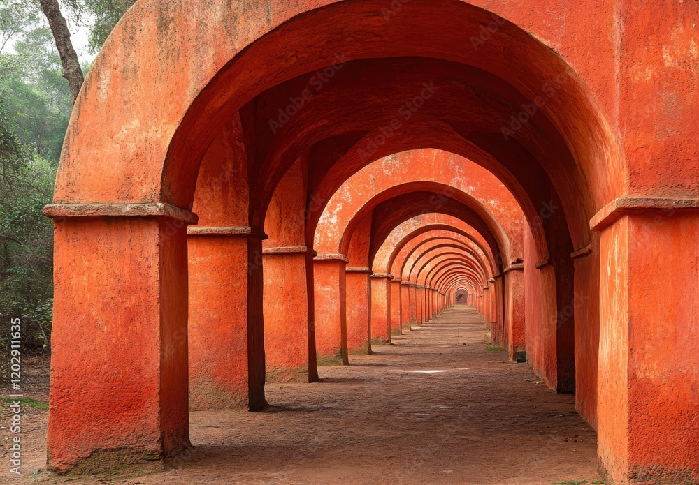 Poster stunning architectural arches of an ancient structure surrounded by lush greenery, creating a unique